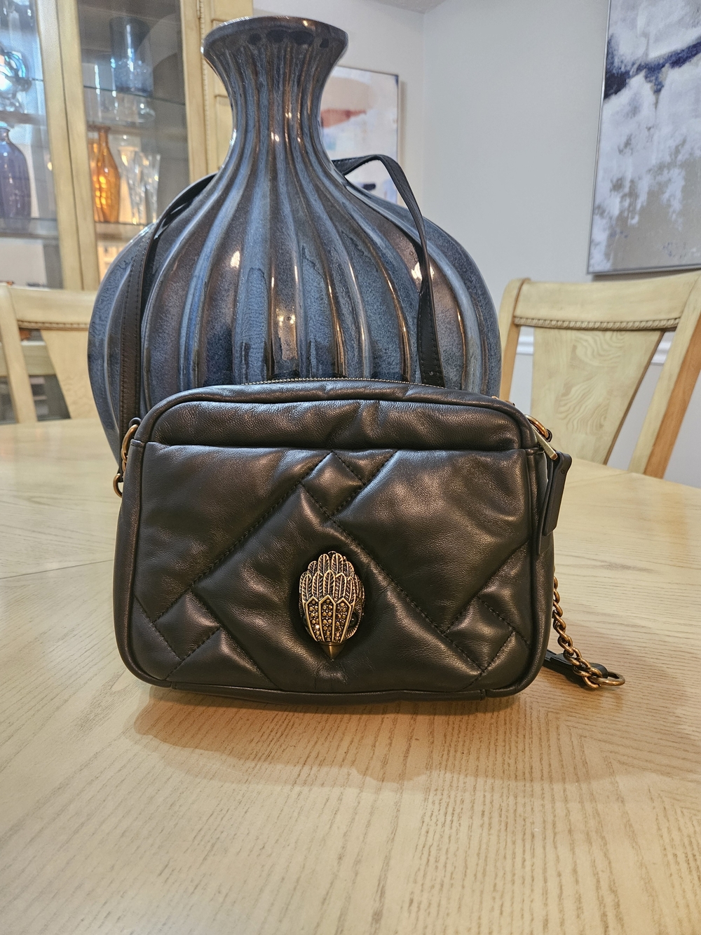 Kurt Geiger Black Quilted Crossbody with Gold Emblem